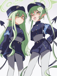 Rule 34 | 2girls, absurdres, black hat, black jacket, black shorts, black skirt, blue archive, covered navel, demon girl, demon tail, earrings, fang, green hair, green halo, halo, hand on own hip, hat, highres, hikari (blue archive), jacket, jewelry, long hair, looking at viewer, multiple girls, nozomi (blue archive), open mouth, pantyhose, pisaso, pointy ears, shirt, shorts, siblings, sidelocks, single earring, sisters, skin fang, skirt, smile, tail, twintails, white pantyhose, white shirt