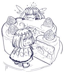 Rule 34 | 1boy, arthropod boy, cake, cake slice, cloak, diamond hairband, dragonfly wings, eating, fate/grand order, fate (series), food, fruit, fur-trimmed cloak, fur trim, highres, insect wings, katsutacle, looking at viewer, looking back, male focus, medium hair, mini person, miniboy, monochrome, oberon (fate), oberon (third ascension) (fate), simple background, solo, strawberry, white background, wings
