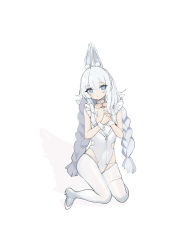 Rule 34 | + +, 1girl, absurdres, animal ears, azur lane, blue eyes, braid, choker, covered navel, expressionless, fake animal ears, full body, hair between eyes, hairband, hands on own chest, high heels, highres, kneeling, le malin (azur lane), le malin (listless lapin) (azur lane), leotard, looking at viewer, low twin braids, o-ring, o-ring choker, pantyhose, playboy bunny, pure white a type, rabbit ears, simple background, solo, twin braids, white background, white footwear, white hair, white leotard, white pantyhose