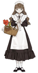 Rule 34 | 1girl, apron, basket, black dress, black footwear, blunt bangs, bow, bowtie, brown eyes, brown hair, closed mouth, collared dress, dress, flower, frilled apron, frills, full body, holding, holding basket, kashiwagi chisame, long dress, long hair, long sleeves, maid, maid apron, maid headdress, mary janes, original, own hands together, pantyhose, puffy sleeves, red flower, shoes, simple background, smile, solo, standing, tulip, wavy hair, white apron, white background, white bow, white bowtie, white pantyhose