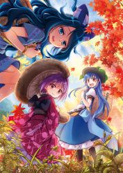 Rule 34 | 3girls, :d, ahoge, autumn leaves, bangle, basket, black headwear, blue eyes, blue hair, blue hoodie, blue skirt, blue sky, boots, bow, bracelet, brown footwear, cloud, commentary request, day, debt, dress, food, forest, fruit, hair bow, hat, hinanawi tenshi, holding, holding mushroom, hood, hood down, hoodie, japanese clothes, jewelry, kimono, layered dress, leaf, long hair, looking at viewer, looking back, maple leaf, mikagami hiyori, mini person, minigirl, multiple girls, mushroom, nature, no headwear, obi, open mouth, outdoors, peach, puffy short sleeves, puffy sleeves, purple hair, sash, short hair, short sleeves, skirt, sky, smile, squatting, standing, sukuna shinmyoumaru, touhou, very long hair, yorigami shion