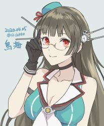 Rule 34 | 1girl, armband, bare shoulders, black choker, black gloves, blue shirt, breasts, character name, choker, choukai (kancolle), cleavage, closed mouth, dated, glasses, gloves, grey background, grey hair, hand up, hat, headgear, kantai collection, kasumi (skchkko), large breasts, long hair, looking at viewer, mini hat, red eyes, shirt, signature, simple background, smile, solo, twitter username, upper body