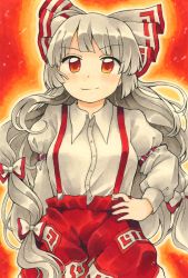 Rule 34 | 1girl, baggy pants, blush, bow, breasts, buttons, closed mouth, collared shirt, commentary request, fujiwara no mokou, hair bow, hand on own hip, happy, highres, hime cut, juliet sleeves, long hair, long sleeves, maa (forsythia1729), marker (medium), medium breasts, ofuda, ofuda on clothes, pants, puffy sleeves, red eyes, red pants, shirt, sidelocks, sleeve garter, smile, suspenders, touhou, traditional media, very long hair, white bow, white hair, white shirt