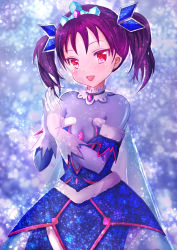 Rule 34 | 1girl, :d, awaken the power, brooch, cleavage, commentary request, detached sleeves, dress, fur-trimmed sleeves, fur trim, gloves, highres, jewelry, kazuno leah, looking at viewer, love live!, love live! sunshine!!, nattoucha (de-ve-ev-rsailles), open mouth, own hands together, purple hair, red eyes, see-through, see-through cleavage, smile, snowing, solo, tiara, twintails, white gloves