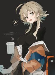 Rule 34 | 1girl, ahoge, arknights, black background, black gloves, breasts, brown eyes, coffee beans, commentary, cup, english commentary, gloves, hair between eyes, highres, holding, holding cup, jacket, long sleeves, mayer (arknights), mikozin, off shoulder, open clothes, open jacket, open mouth, orange jacket, ribbed sweater, short hair with long locks, silver hair, simple background, solo, steam, sweater, turtleneck, turtleneck sweater, upper body