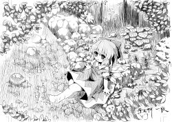 Rule 34 | 1girl, bow, cirno, etogami kazuya, female focus, full body, greyscale, hair bow, highres, ice, monochrome, nature, outdoors, river, short hair, sitting, solo, splashing, embodiment of scarlet devil, touhou, traditional media, water, wings