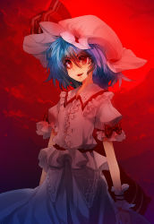 Rule 34 | 1girl, blue hair, female focus, gradient background, hat, red eyes, remilia scarlet, short hair, solo, touhou, ukyo rst