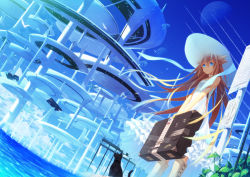 Rule 34 | 1girl, bad id, bad pixiv id, blue eyes, boots, brown hair, cat, choker, collar, contrail, day, dress, dutch angle, hat, highres, katou itsuwa, knee boots, long hair, moon, original, outdoors, scenery, science fiction, sign, solo, suitcase, sun hat, very long hair, water