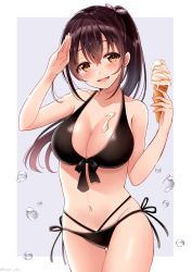 Rule 34 | 1girl, arm up, bikini, black bikini, blush, bow, breasts, brown eyes, brown hair, cleavage, commentary request, cowboy shot, food, food on body, food on breasts, front-tie bikini top, front-tie top, grey background, groin, hair between eyes, hair bow, head tilt, high ponytail, holding, holding food, ice cream, ice cream cone, large breasts, long hair, navel, original, parted lips, ponytail, purple bow, sakura hiyori, salute, smile, soft serve, solo, swimsuit, thigh gap, two-tone background, water drop, white background