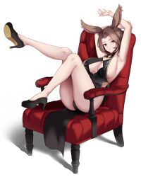 Rule 34 | 1girl, absurdres, animal ears, armpits, arms up, black dress, black footwear, breasts, brown hair, china dress, chinese clothes, cleavage, cleavage cutout, clothing cutout, commission, dress, full body, highres, large breasts, legs, looking at viewer, masaki nanaya, original, shoes, short hair, simple background, skeb commission, solo, white background