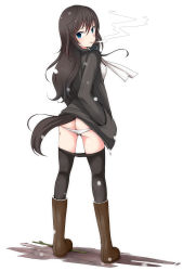 Rule 34 | 1girl, ass, black hair, blue eyes, boots, cigarette, clothes pull, elizabeth f. beurling, full body, highres, jacket, long hair, looking back, panties, pantyhose, pantyhose pull, rosettastone, simple background, smoking, solo, stick, strike witches, tail, underwear, white panties, world witches series