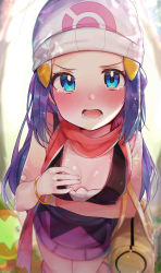 Rule 34 | 1girl, absurdres, backlighting, bag, bangle, bare shoulders, beanie, blue eyes, blue hair, blush, bracelet, breasts, cleavage, commentary request, creatures (company), crying, crying with eyes open, dawn (pokemon), duffel bag, feet out of frame, from above, game freak, gen 4 pokemon, hair ornament, hairclip, hand on own chest, hat, highres, jewelry, long hair, looking at viewer, looking up, nintendo, nose blush, open mouth, pokemon, pokemon (creature), pokemon dppt, red scarf, rouka (akatyann), scarf, small breasts, solo focus, standing, tears, turtwig, two-tone dress, v-shaped eyebrows, very long hair, white headwear