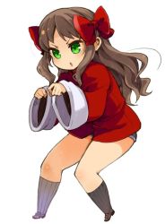 Rule 34 | 1girl, arima miyako, bow, brown hair, chinese clothes, full body, green eyes, hair bow, long hair, melty blood, mota, open mouth, shorts, simple background, solo, tsukihime, white background