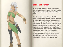 Rule 34 | character profile, dark elf, dark elf (mon-musu quest!), dark skin, elf, ishinoyari, mon-musu quest!, monster girl, pointy ears, text focus, thighhighs, translated, white hair