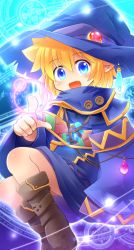 Rule 34 | 1girl, ass, blonde hair, blue eyes, blush, boots, child, flat chest, hat, highres, kso, magic, meyuu (kso), open mouth, original, robe, staff
