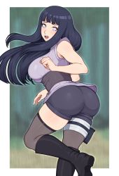 Rule 34 | 1girl, absurdres, afrobull, ass, blue hair, boots, breasts, embarrassed, eyelashes, from behind, highres, huge ass, hyuuga hinata, large breasts, long hair, looking at viewer, looking back, naruto, naruto (series), open mouth, purple eyes, shiny clothes, shiny skin, short shorts, shorts, sideboob, solo, thighhighs