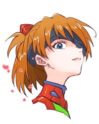 Rule 34 | 1girl, alternate hair length, alternate hairstyle, artist request, unworn blindfold, blue eyes, bodysuit, brown hair, evangelion: 3.0+1.0 thrice upon a time, headgear, highres, long hair, medium hair, neon genesis evangelion, plugsuit, rebuild of evangelion, red bodysuit, shiny clothes, smile, solo, souryuu asuka langley, two side up, upper body, white background