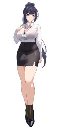 Rule 34 | 1girl, arm at side, black footwear, black hair, breasts, collared shirt, curvy, full body, hair bun, hand on own chest, high heels, highres, id card, lanyard, large breasts, long hair, looking at viewer, mature female, miniskirt, mole, mole under mouth, office lady, original, pencil skirt, ponytail, purple eyes, purple hair, shirt, shirt tucked in, simple background, skirt, socks, solo, tareme, thighs, tomotomo (awai), white background, white shirt