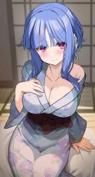 Rule 34 | 1girl, blue hair, blush, breasts, cleavage, closed mouth, collarbone, commentary request, floral print, highres, ilfa (to heart), indoors, japanese clothes, kibihimi, kimono, large breasts, long sleeves, print kimono, purple eyes, robot ears, short hair with long locks, sidelocks, smile, solo, sweat, tatami, to heart (series), to heart 2, white kimono, wide sleeves