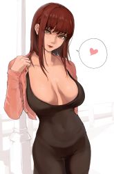 Rule 34 | 1girl, absurdres, black dress, breasts, breasts apart, chainsaw man, commentary, covered navel, cowboy shot, cropped jacket, dress, english commentary, hand up, heart, highres, jacket, large breasts, long hair, long sleeves, looking at viewer, makima (chainsaw man), mamimi (mamamimi), nostrils, open clothes, open jacket, parted lips, red hair, red lips, ringed eyes, solo, spoken heart, veins, veiny breasts, yellow eyes