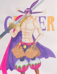 Rule 34 | 1boy, artist request, cape, charlotte cracker, highres, muscular, one piece, siblings, sketch, smile, weapon