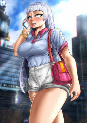 Rule 34 | 1girl, alternate costume, bag, blue eyes, bluewolfartista, blush, boku no hero academia, breasts, cellphone, city, female focus, handbag, highres, intelli saiko, large breasts, long hair, looking up, phone, shirt tucked in, smile, solo, thick thighs, thighs, white hair