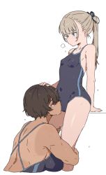Rule 34 | 2girls, blonde hair, blue eyes, blue one-piece swimsuit, bow, breasts, brown hair, commentary request, cunnilingus, cunnilingus through clothes, dark-skinned female, dark skin, hair bow, hand on another&#039;s head, hand on another&#039;s leg, height difference, high ponytail, highres, kei (m k), large breasts, m k, multiple girls, muscular, muscular female, one-piece swimsuit, oral, original, ponytail, red eyes, rika (m k), school swimsuit, short hair, simple background, size difference, small breasts, sweat, sweatdrop, swimsuit, tall female, tan, tanline, white background, yuri
