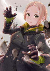 Rule 34 | 1girl, black coat, black gloves, black sailor collar, blonde hair, buttons, coat, commentary request, debris, double-breasted, dutch angle, gloves, green hoodie, grey eyes, hands up, hood, hood down, hoodie, layered clothes, long sleeves, looking at viewer, maki (nasulily), mujika (utau), parted lips, ribbed sleeves, sailor collar, short hair, solo, upper body, utau, wide-eyed