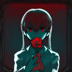 Rule 34 | 1girl, ascot, covered mouth, flower, flower over mouth, glowing, glowing eyes, hair between eyes, hand up, holding, holding flower, ib (ib), ib (kouri), idk-kun, long sleeves, looking at viewer, red ascot, red eyes, red flower, red hair, red rose, rose, solo, upper body