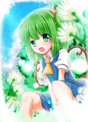 Rule 34 | 1girl, ascot, bad id, bad pixiv id, between legs, cloud, daiyousei, dress, fairy wings, female focus, flower, gradient background, green eyes, green hair, hair ribbon, hand between legs, highres, light, matching hair/eyes, nature, open mouth, outdoors, plant, ribbon, shiina yuuki, short hair, side ponytail, sitting, sky, solo, touhou, white background, wings, yousei daisensou