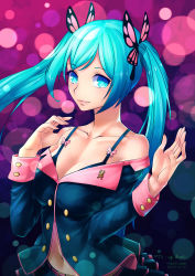 Rule 34 | 1girl, absurdres, blue eyes, blue hair, bra, butterfly hair ornament, collarbone, dated, gradient background, hair ornament, hatsune miku, highres, honey whip (module), jacket, lens flare, light smile, long hair, looking at viewer, matching hair/eyes, navel, off shoulder, project diva (series), project diva f, rekaerb maerd, solo, sweet devil (vocaloid), twintails, underwear, vocaloid