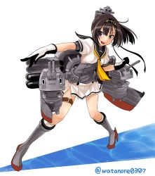 Rule 34 | 10s, 1girl, :3, akizuki (kancolle), black gloves, black hair, boots, cannon, chou-10cm-hou-chan, commentary request, corset, gloves, grey eyes, grey footwear, hachimaki, hairband, headband, headgear, high heel boots, high heels, kantai collection, knee boots, miniskirt, multicolored clothes, multicolored gloves, neckerchief, open mouth, outstretched hand, ponytail, rigging, school uniform, serafuku, short sleeves, skirt, smile, standing, standing on liquid, thigh strap, torpedo, twitter username, watanore, white background, white gloves