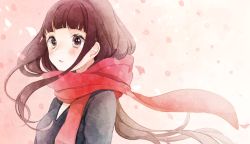 Rule 34 | 1girl, black eyes, blush, brown hair, cherry blossoms, finger gun, gradient background, highres, hime cut, long hair, parted lips, petals, red scarf, sayonara memories (supercell), scarf, shigure ui, solo, supercell (band)