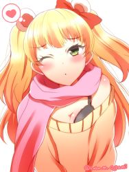 Rule 34 | 10s, 1girl, black bra, blonde hair, blush, bra, green eyes, idolmaster, idolmaster cinderella girls, imminent kiss, incoming kiss, jougasaki rika, long hair, looking at viewer, off shoulder, one eye closed, ookami maito, open mouth, scarf, solo, sweater, twintails, twitter username, two side up, underwear