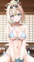 Rule 34 | 1girl, absurdres, aqua eyes, bare arms, bare shoulders, blonde hair, highres, hololive, indoors, kazama iroha, looking at viewer, smile, solo, swimsuit, virtual youtuber, wakaunderblade7