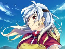 Rule 34 | 1girl, artist request, female focus, light smile, lina inverse, red eyes, sky, slayers, solo, white hair
