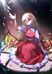 Rule 34 | 1girl, 33 gaff, alternate hair length, alternate hairstyle, ascot, blonde hair, commentary, crystal wings, flandre scarlet, full body, light rays, long hair, parted lips, red eyes, red skirt, short sleeves, sitting, skirt, solo, touhou, yellow ascot