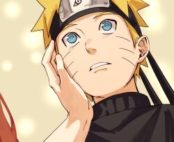 Rule 34 | 1boy, 1other, black jacket, blonde hair, blue eyes, blush, close-up, facial mark, forehead protector, hand on another&#039;s cheek, hand on another&#039;s face, highres, jacket, konohagakure symbol, male focus, naruto (series), naruto shippuuden, out of frame, parted lips, pnpk 1013, short hair, solo focus, spiked hair, uzumaki naruto, whisker markings, yellow background