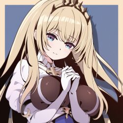 Rule 34 | 1girl, absurdres, azur lane, black tiara, blonde hair, blue background, blue eyes, border, breasts, closed mouth, cross, framed breasts, hands up, highres, large breasts, long hair, long sleeves, outside border, own hands clasped, own hands together, painleve (azur lane), rabe26k, simple background, smile, solo, tiara, upper body, yellow border