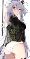 Rule 34 | 1girl, arknights, ass, black gloves, blush, breasts, closed mouth, from behind, gloves, green jacket, grey hair, highres, jacket, kyuu (plastic night q), long hair, looking at viewer, looking back, medium breasts, no pants, off shoulder, official alternate costume, one side up, open clothes, open jacket, panties, red eyes, simple background, skadi (arknights), skadi (the next afternoon tea) (arknights), solo, underwear, undressing, very long hair, white background, white panties