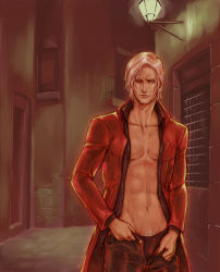 Rule 34 | 00s, 1boy, abs, alley, capcom, coat, dante (devil may cry), devil may cry (series), dressing, hosino hikaru, jacket, lamppost, male focus, male pubic hair, navel hair, open clothes, open coat, pectorals, pubic hair, realistic, road, topless male, short hair, solo, street, undressing, white hair