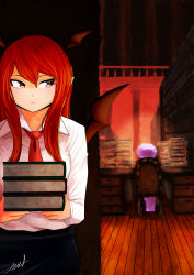 Rule 34 | 2girls, bat wings, black skirt, blurry, blush, book, book stack, bookshelf, bow, carte, chair, collared shirt, commentary request, dark, depth of field, desk, dress shirt, hair between eyes, hat, hat bow, head wings, highres, holding, holding book, koakuma, library, light smile, long hair, multiple girls, necktie, patchouli knowledge, pointy ears, railing, red eyes, red hair, red necktie, shirt, sidelocks, sitting, skirt, solo focus, touhou, voile, white shirt, wings, wooden floor