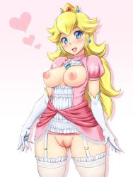 Rule 34 | 1girl, :d, adapted costume, blonde hair, blue eyes, blush, breastless clothes, breasts, breasts out, brooch, censored, crotchless, crown, dress, earrings, elbow gloves, eyelashes, frilled thighhighs, frills, garter straps, gloves, gradient background, head tilt, heart, jewelry, lace, lace-trimmed dress, lace-trimmed legwear, lace trim, large breasts, long hair, looking at viewer, mario (series), mosaic censoring, nintendo, nipples, no bra, no panties, open mouth, pink dress, princess peach, pussy, shikuta maru, short dress, smile, solo, spoken heart, standing, thick thighs, thighhighs, thighs, turtleneck, wavy hair, white gloves, white thighhighs