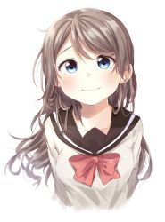 Rule 34 | 1girl, alternate hair length, alternate hairstyle, arms behind back, bad id, bad twitter id, blue eyes, blush, bow, bowtie, commentary request, grey hair, highres, long hair, long sleeves, looking at viewer, love live!, love live! sunshine!!, makura (makura0128), red bow, red bowtie, school uniform, serafuku, simple background, smile, solo, upper body, uranohoshi school uniform, watanabe you, white background