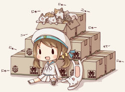 Rule 34 | &gt;:d, 10s, 1girl, :d, batsubyou, box, brown hair, cardboard box, cat, chibi, error musume, girl holding a cat (kancolle), hat, kantai collection, kata meguma, long hair, looking at viewer, low twintails, open mouth, pleated skirt, school uniform, serafuku, sitting, skirt, smile, solid oval eyes, translation request, twintails, v-shaped eyebrows