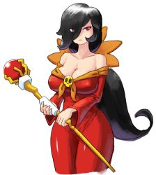 Rule 34 | 1girl, ashley (warioware), bare shoulders, black hair, breasts, cleavage, covered erect nipples, dress, hair over one eye, large breasts, long hair, minuspal, nintendo, aged up, red dress, red eyes, solo, staff, warioware