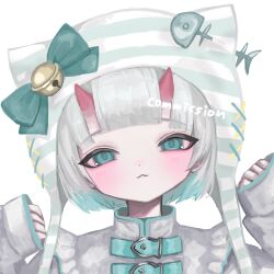 Rule 34 | 1girl, animal hat, aqua bow, aqua eyes, bell, blunt bangs, bow, buckle, closed mouth, commission, fish bone, grey hair, hands up, hashtag-only commentary, hat, hat bell, hat bow, head tilt, highres, horns, jingle bell, long sleeves, looking at viewer, original, pinching sleeves, portrait, red horns, shiona (siona0625), simple background, sleeves past wrists, solo, striped clothes, striped headwear, watermark, white background