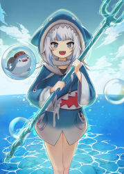 Rule 34 | 1girl, animal hood, anzai growth, bloop (gawr gura), bubble, gawr gura, gawr gura (1st costume), highres, holding, holding weapon, hololive, hololive english, hood, looking at viewer, open mouth, polearm, shark hood, sharp teeth, solo, teeth, trident, virtual youtuber, water, weapon, white hair