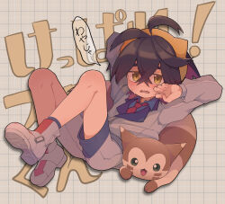 Rule 34 | !, 1boy, ahoge, blue shirt, blush, collared shirt, colored inner hair, commentary request, creatures (company), crossed bangs, furret, game freak, gen 2 pokemon, grid background, hair between eyes, hairband, highres, jacket, kieran (pokemon), knees, long sleeves, looking at viewer, male focus, mole, mole on neck, msuo (mashiuo), multicolored hair, necktie, nintendo, open mouth, pokemon, pokemon (creature), pokemon sv, red necktie, shirt, shoes, short hair, shorts, socks, speech bubble, sweat, translation request