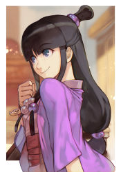 Rule 34 | 1girl, ace attorney, black hair, clenched hand, closed mouth, hair ornament, half updo, hungry clicker, indoors, japanese clothes, kimono, long hair, low-tied long hair, magatama, magatama necklace, maya fey, necklace, purple eyes, sash, smile, solo, upper body